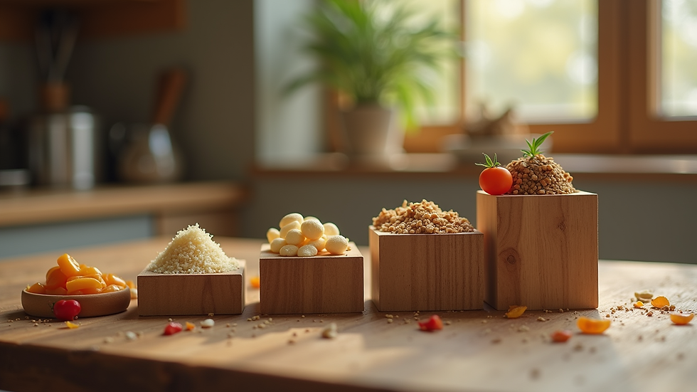 Augenhöhe von verschiedenen Nahrungsergänzungsmitteln auf einem Holztisch