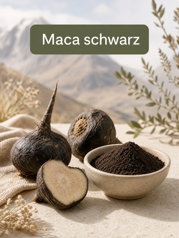 Schwarze Maca-Wurzelstücke und Maca-Pulver in einer Schale