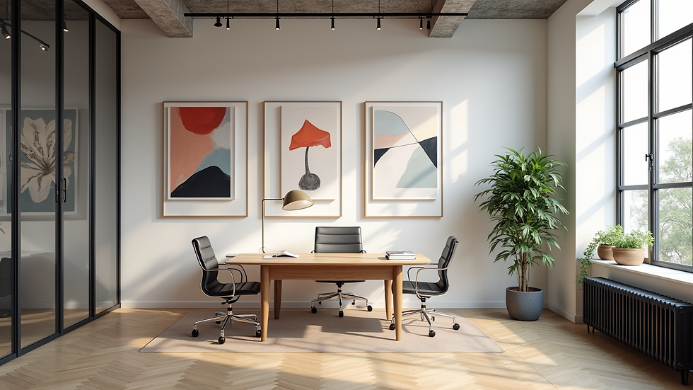 Eye-level view of modern office space with curated abstract art on walls