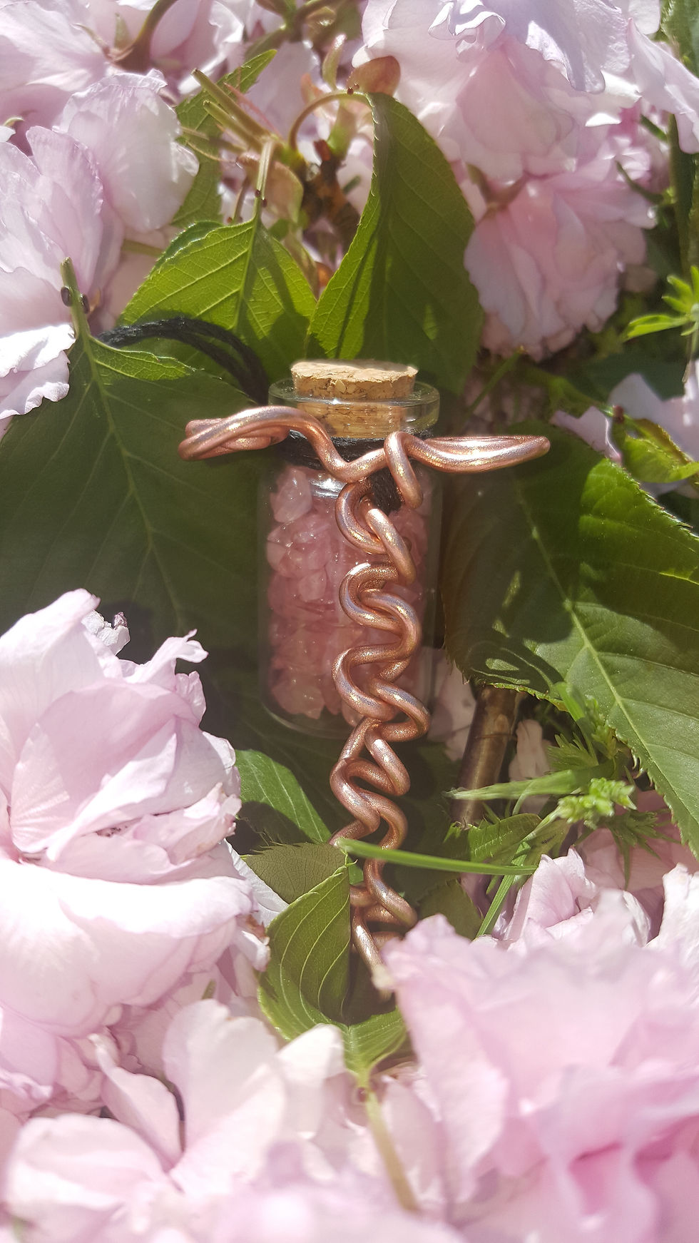 Thumbnail: Rose Quartz Wired Vial Necklace (Black Hemp Cord)