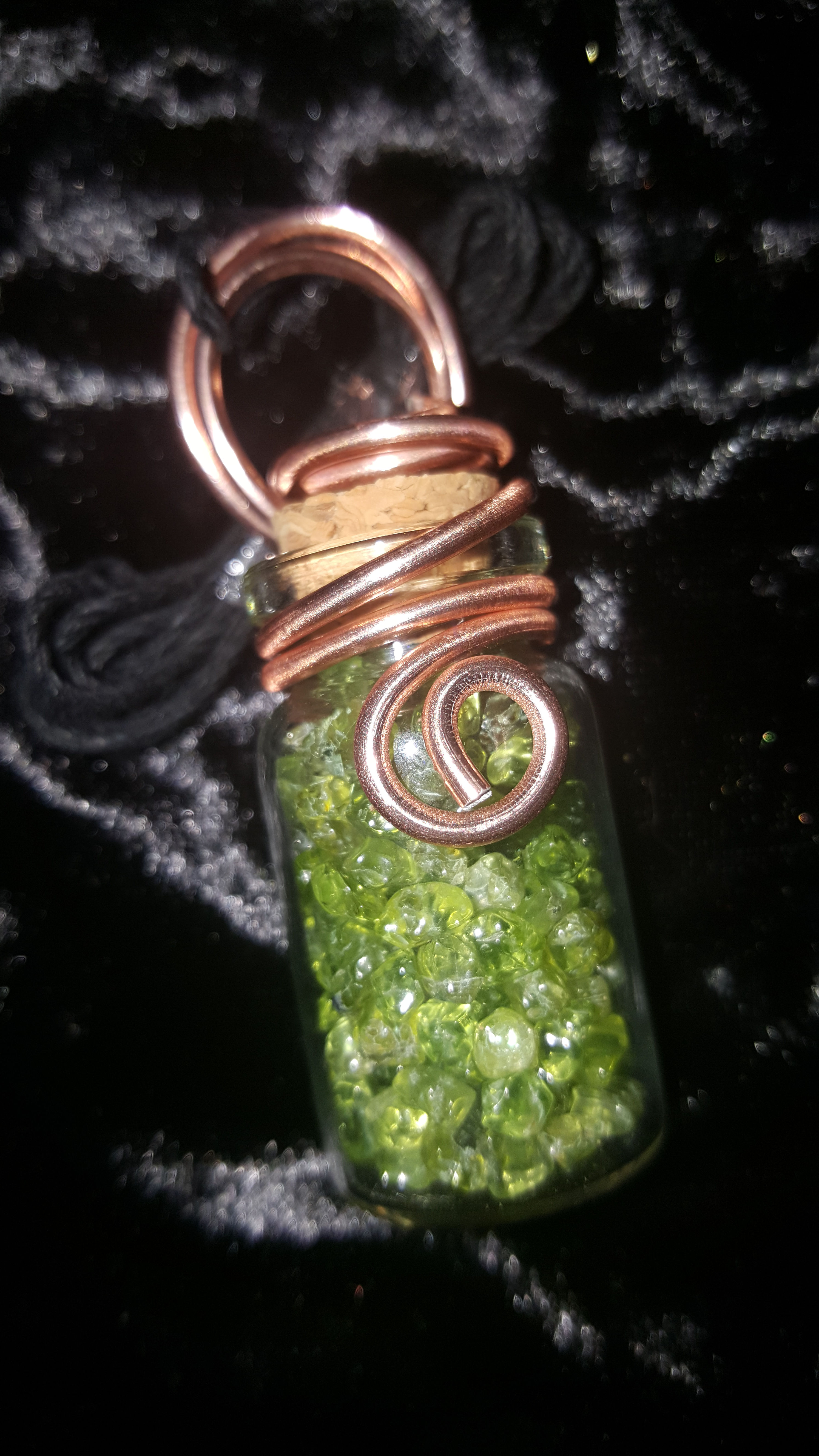Peridot Wired Vial Necklace (Black Hemp Cord)