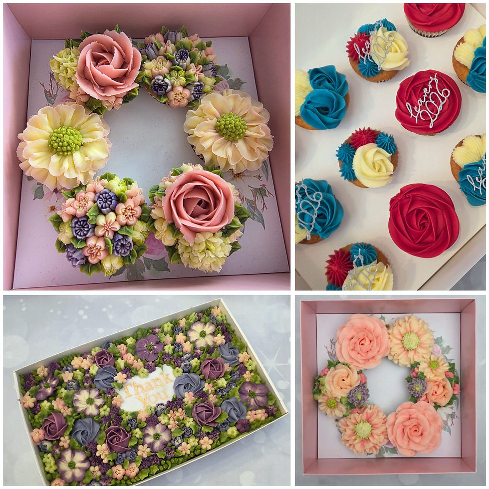 Cupcakes in floral designs arranged in boxes. Vibrant colors include pink, red, blue, and cream. One box says 'Leavers 2026', another is a floral tray bake that says 'Thank You'