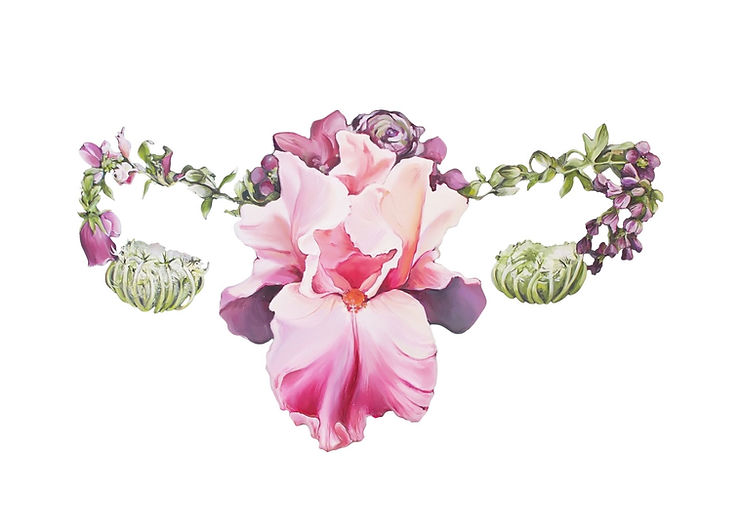 The uterus made out of pink, purple, and green flowers.