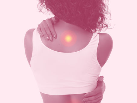 A woman’s back with highlighted, circular pain areas between the shoulders and on her low back. The image in black and white with a pink hue.