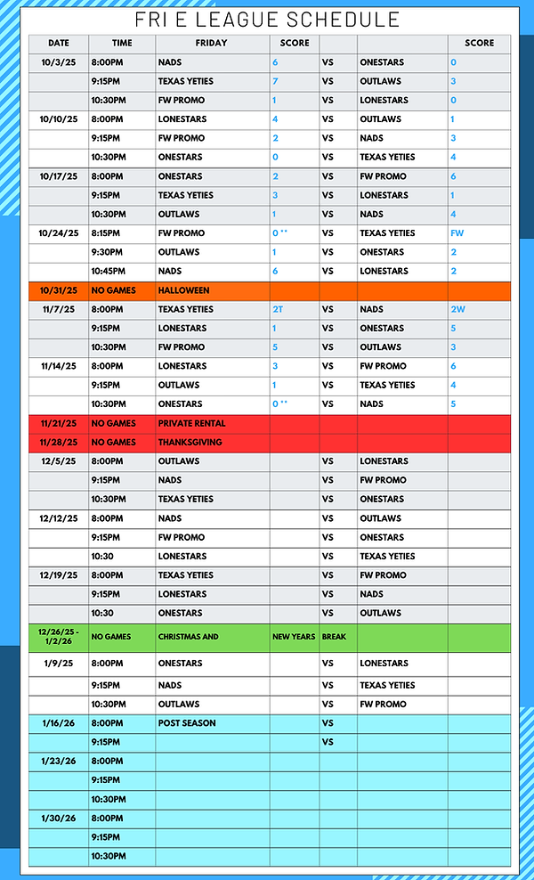 Friday E League Schedule