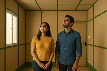 Urban Couple inspecting agri waste house