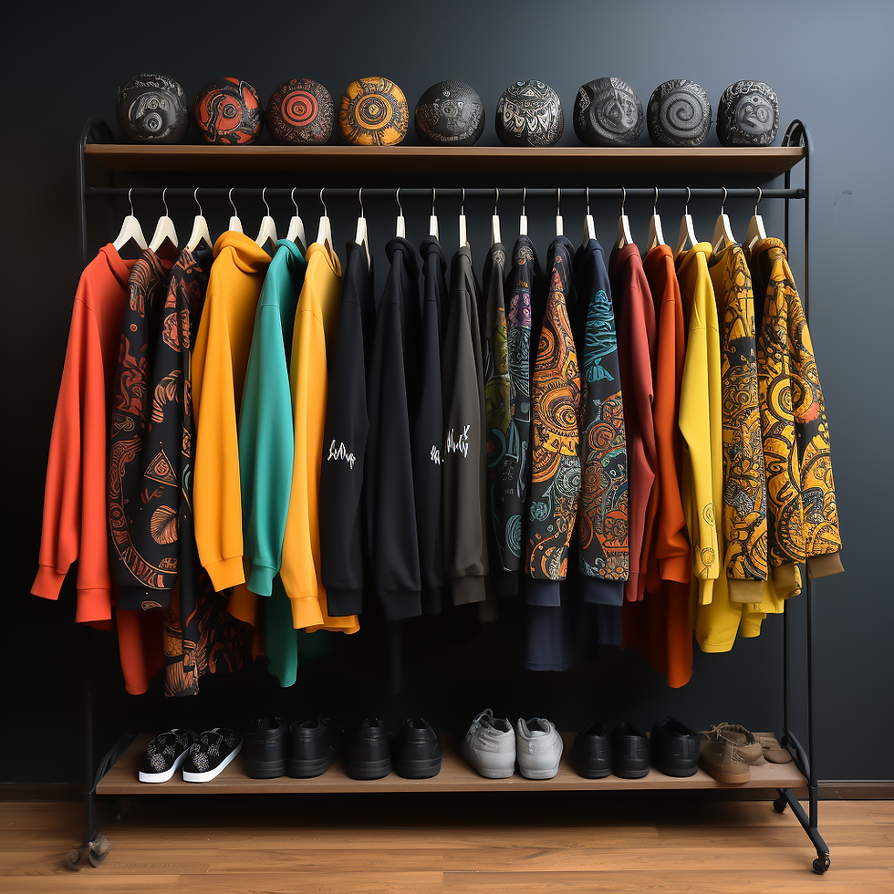 Colorful Designer Shirts Hung up on a rack for print on demand