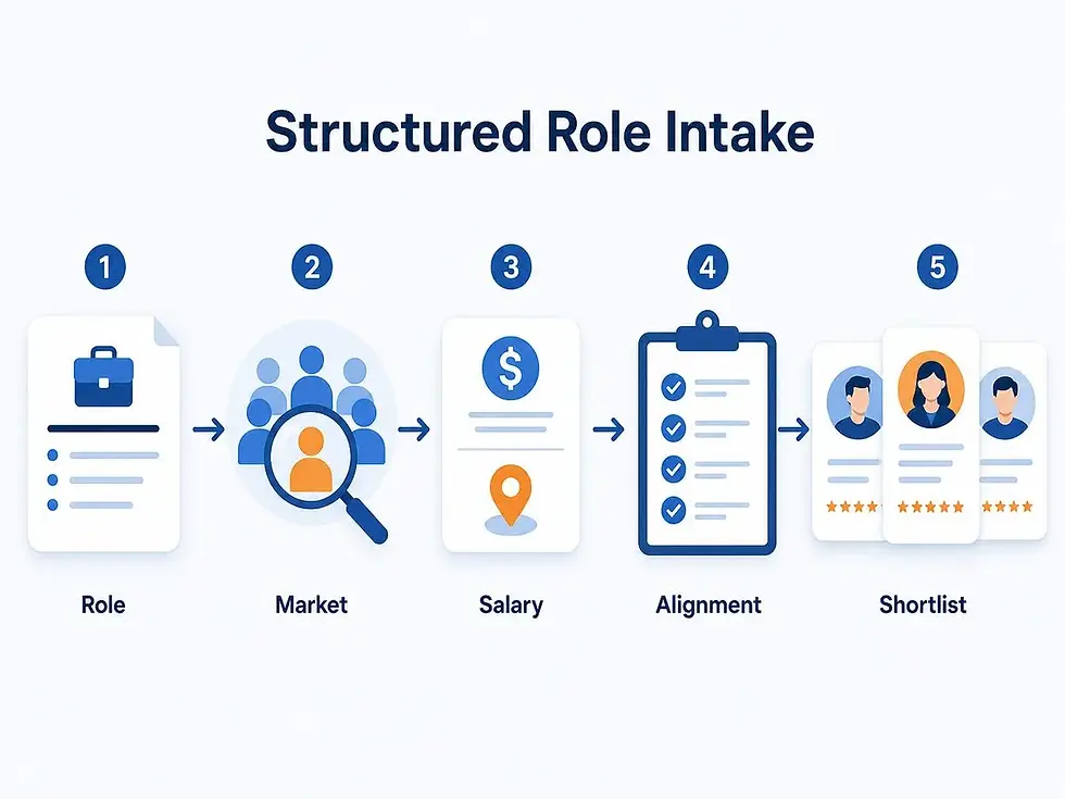 Structured role intake process from role brief to vetted candidate shortlist.