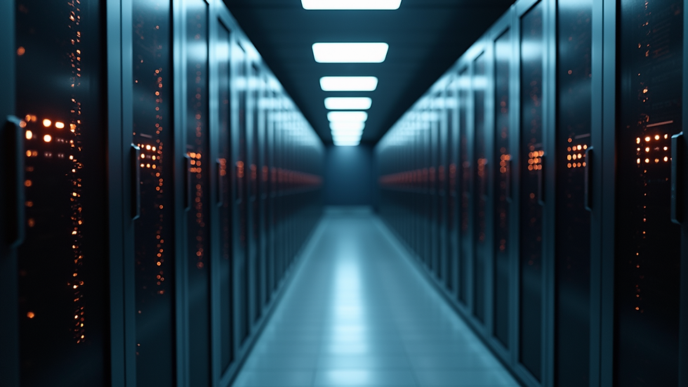 High angle view of a server room with blinking lights