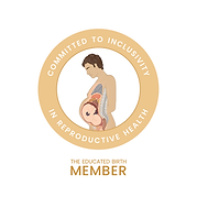 A round orange logo says "committed to inclusivity in reproductive health". the image of a transmasc pregnant person is centered above the words "the educated birth member"