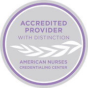 A round grey and purple logo says "accredited provider with distinction" above "American Nurses Credentialing Center"