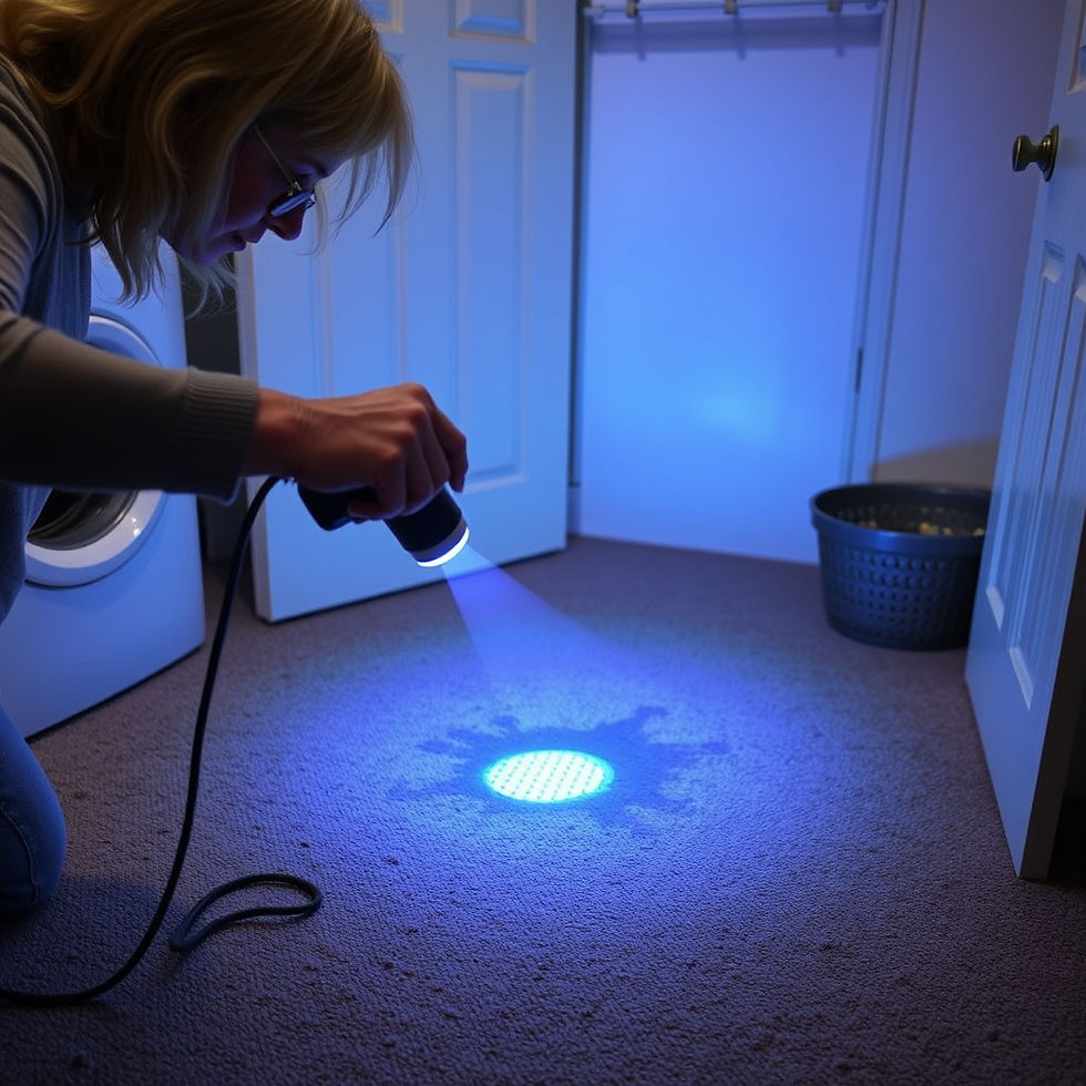 A lady using a small handheld UV torch to shine on a small damp patch of carpet in her uti