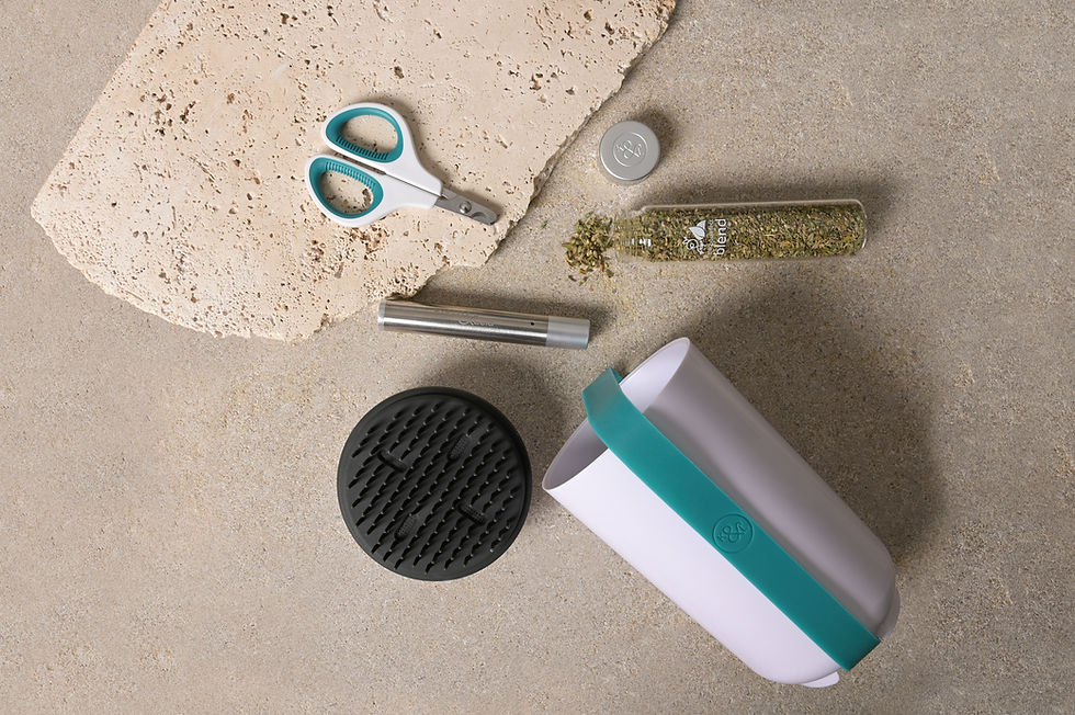 The BrushPod by Kuba & Leia laying on its side showing the brush head, clay clippers, laser toy and tube of catnip