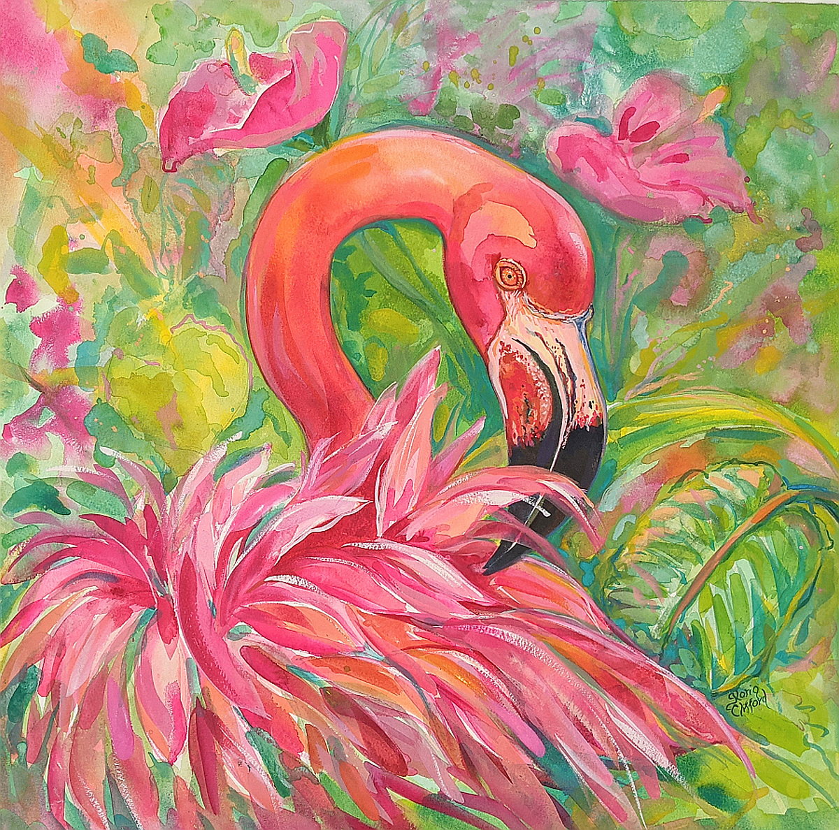 Flamingo Fantasia - Watercolor by Gloria Clifford