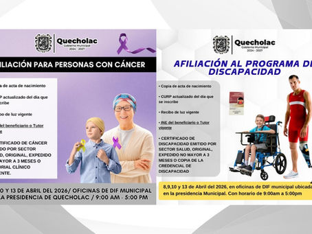 Quecholac abre afiliación a programas de apoyo para personas con cáncer y discapacidad