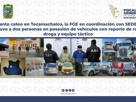 Detienen en Tecamachalco a dos hombres con vehículos robados, droga y equipo táctico