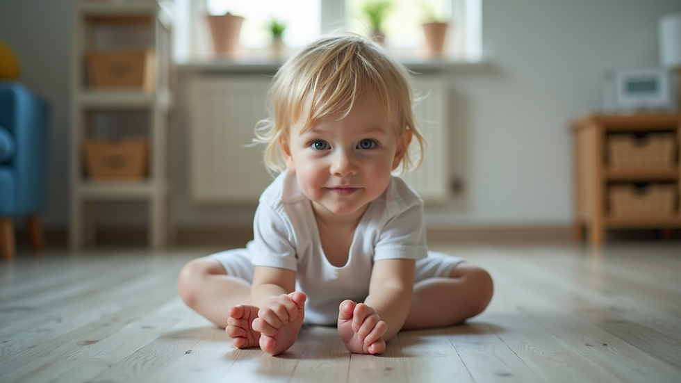 Eye-level view of a therapy session showing a child practicing coordination exercises