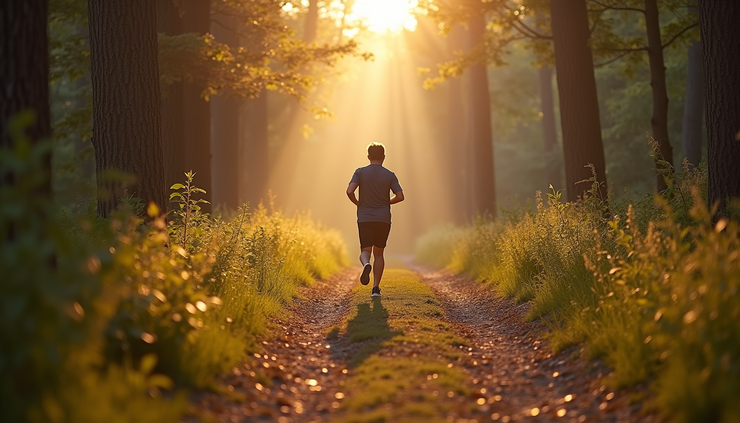 Eye-level view of a person jogging on a forest trail during morning light