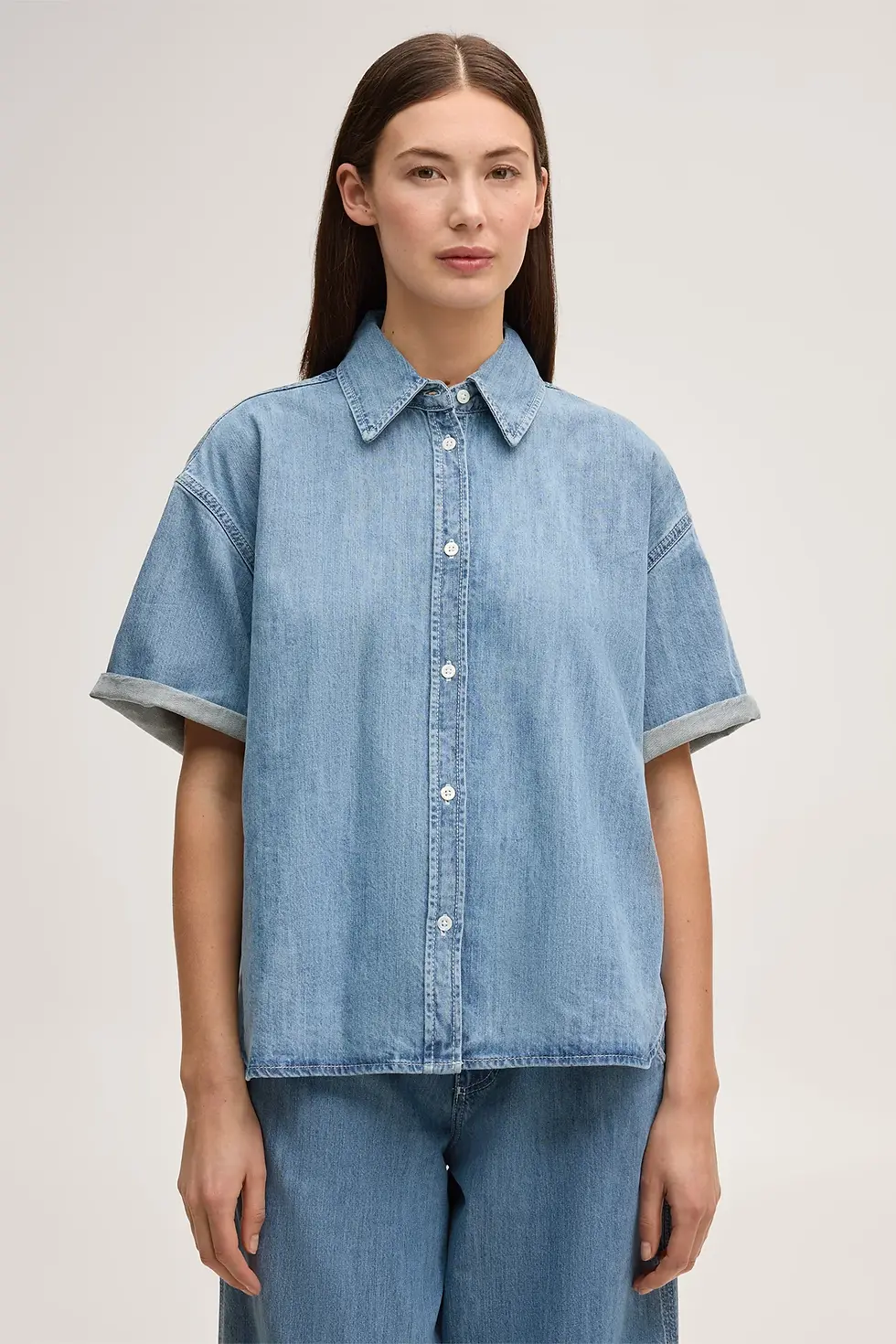 Miniaturbild: Jeans-Hemdbluse kurzarm in Mid Blue washed