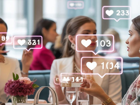 Fashionable women gathered at a New York City brunch, surrounded by social media engagement metrics symbolizing social influence, popularity, and modern friendship dynamics.