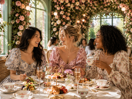 Three women of diverse ethnicities enjoying tea and brunch inside an elegant floral restaurant, surrounded by fresh flowers, pastries, and feminine décor while sharing conversation and laughter.