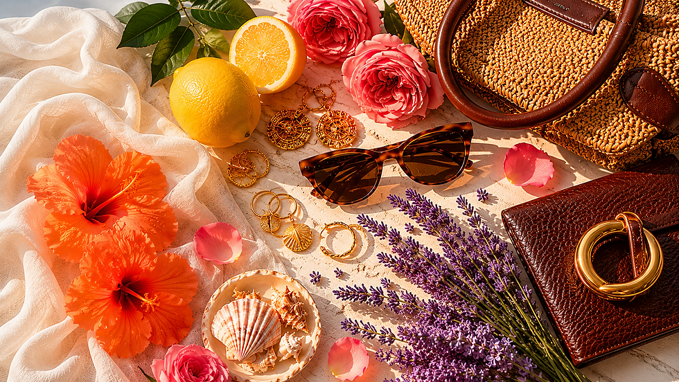 Summer fashion flat lay featuring vibrant orange hibiscus flowers, fresh lemons, pink roses, lavender sprigs, gold jewelry, tortoiseshell sunglasses, seashells, a woven straw tote, and a chocolate brown leather handbag arranged on soft ivory fabric in warm sunlight.
