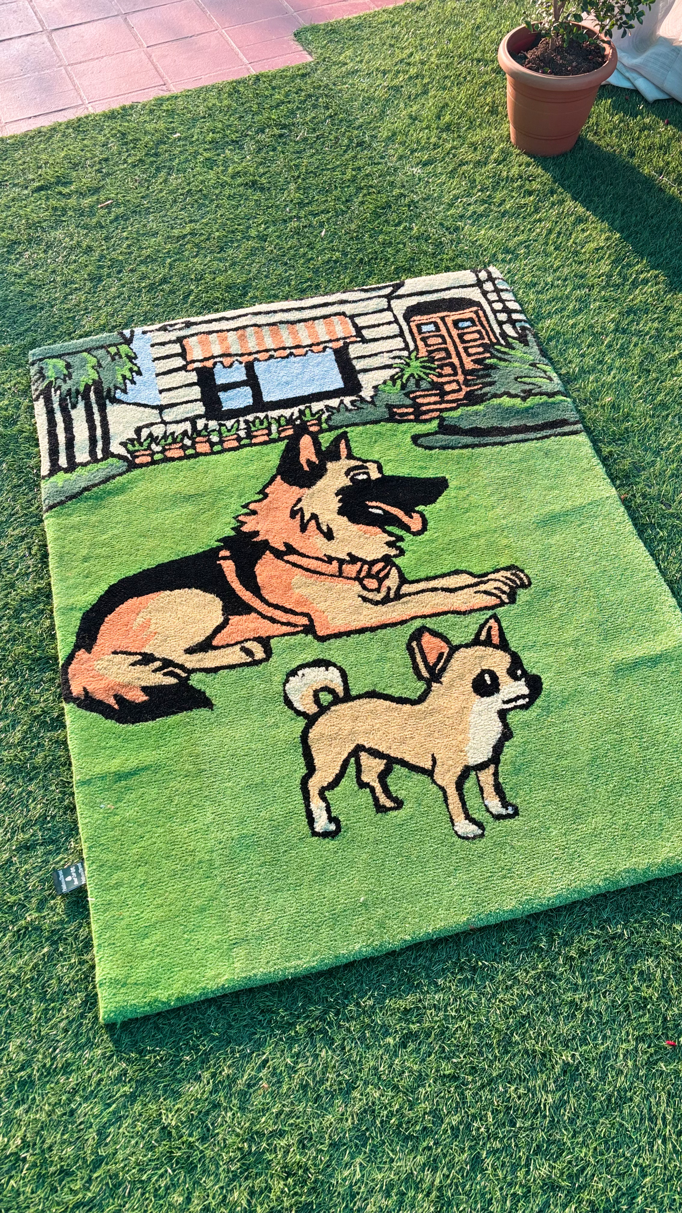 PlaceHolder image for New arrival product of Inosuke from demon slayer showing finger sign in a funny way. Primary colour is beige and blue. Handmade custom tufted rug 