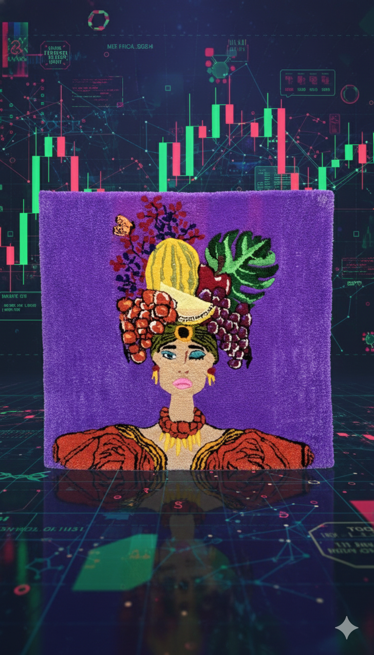 Best seller placeholder for product image of NFT handmade custom hand tufted rug. Purple primary color, Women with fruit basket on top of head. Crypto NFT