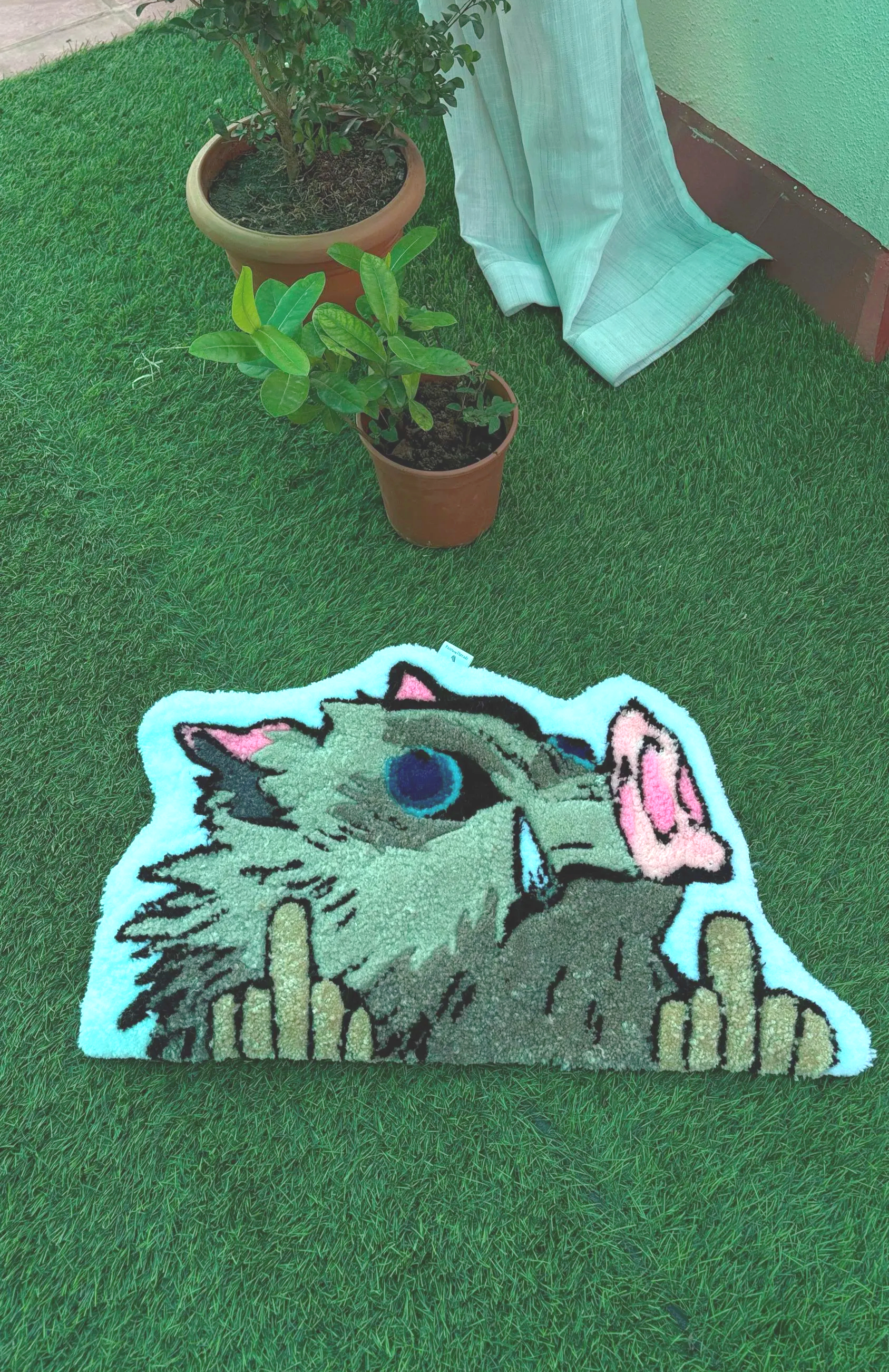 PlaceHolder image for New arrival product of Inosuke from demon slayer showing finger sign in a funny way. Primary colour is beige and blue. Handmade custom tufted rug 