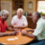 SHOW A COMBINATION OF 2 AFRICAN AMERICAN AND 2 WHITE ELDERLY MALES SITTING AT A KITCHEN TA