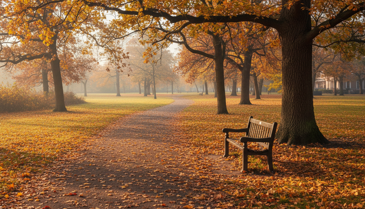 Wide-angle view of a quiet autumn walking path covered with golden leaves.