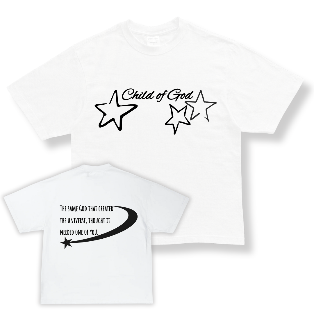 Christian T-shirt, front: 'Child of God' with stars, back: religious message and star designs, faith apparel.