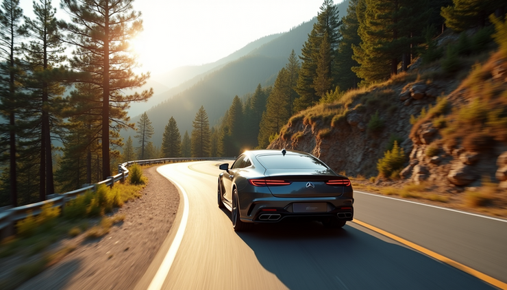 High angle view of a luxury car driving on a mountain road surrounded by pine trees
