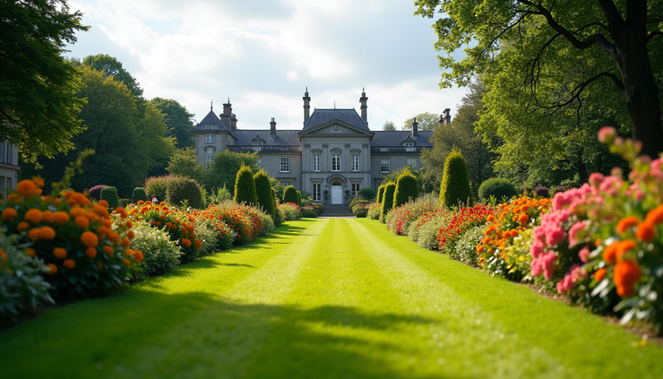 Eye-level view of Powerscourt Estate gardens with colorful flowers and manicured lawns