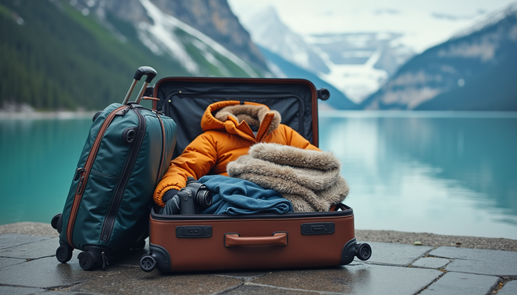 Eye-level view of a neatly packed suitcase with layered clothing and waterproof jacket