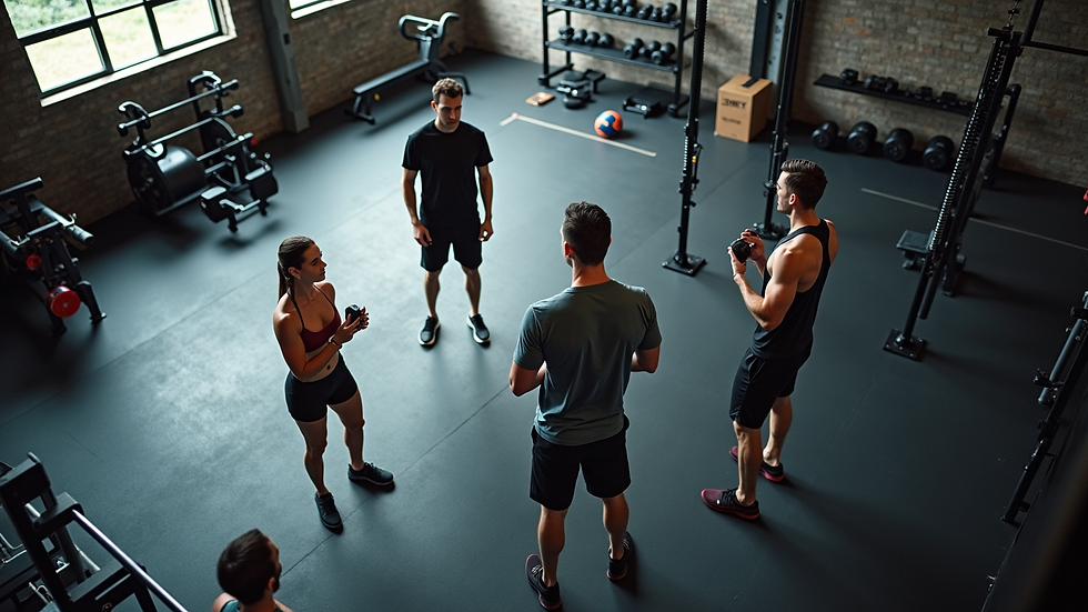 High angle view of a gym with clients training and a trainer coaching