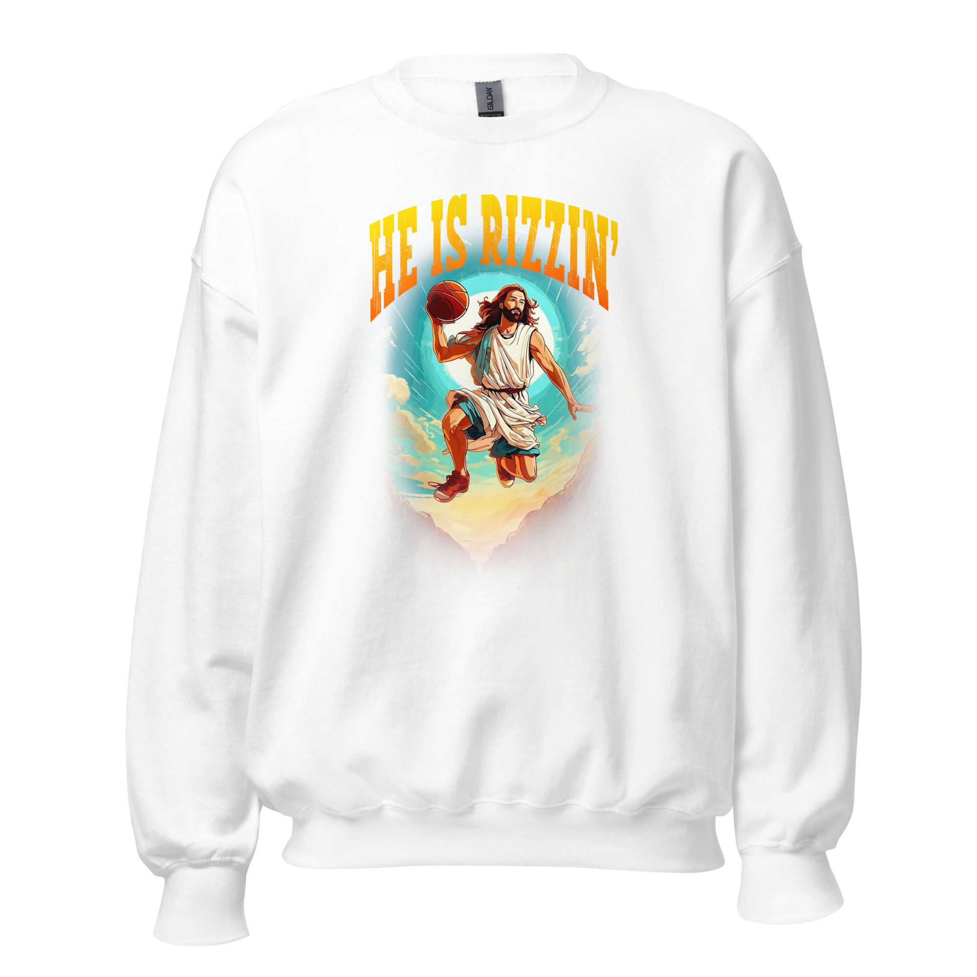 He Is Rizzin’ Unisex Basketball Jesus Easter Crewneck Sweatshirt
