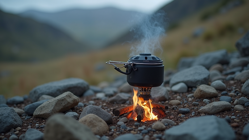 High angle view of a compact camping stove set up on rocky ground