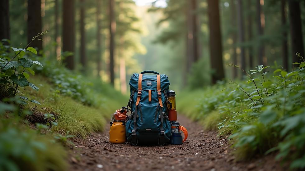 Eye-level view of a backpack filled with camping gear on a forest trail