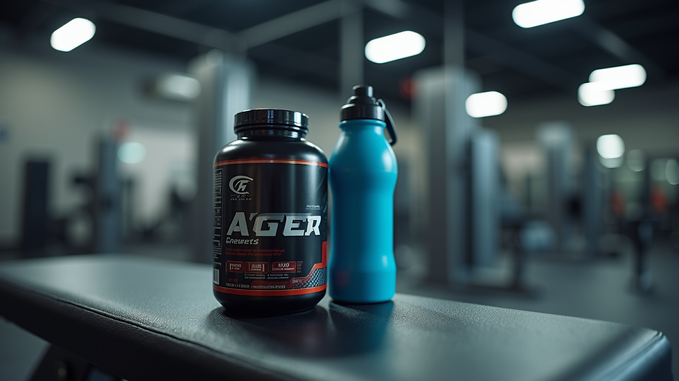 Eye-level view of a sports nutrition supplement container next to a water bottle on a gym bench