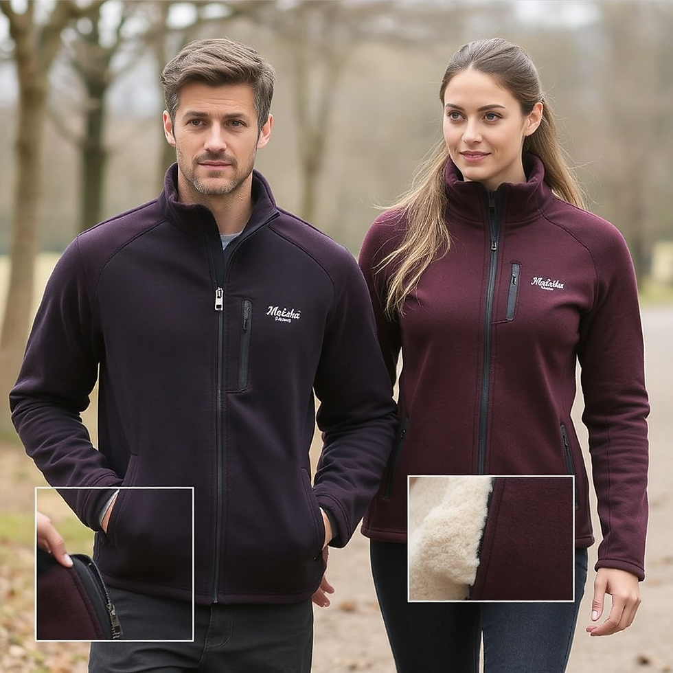 Thumbnail: Man and woman in maroon fleece jackets with zip pockets and sherpa lining on a tree-lined path