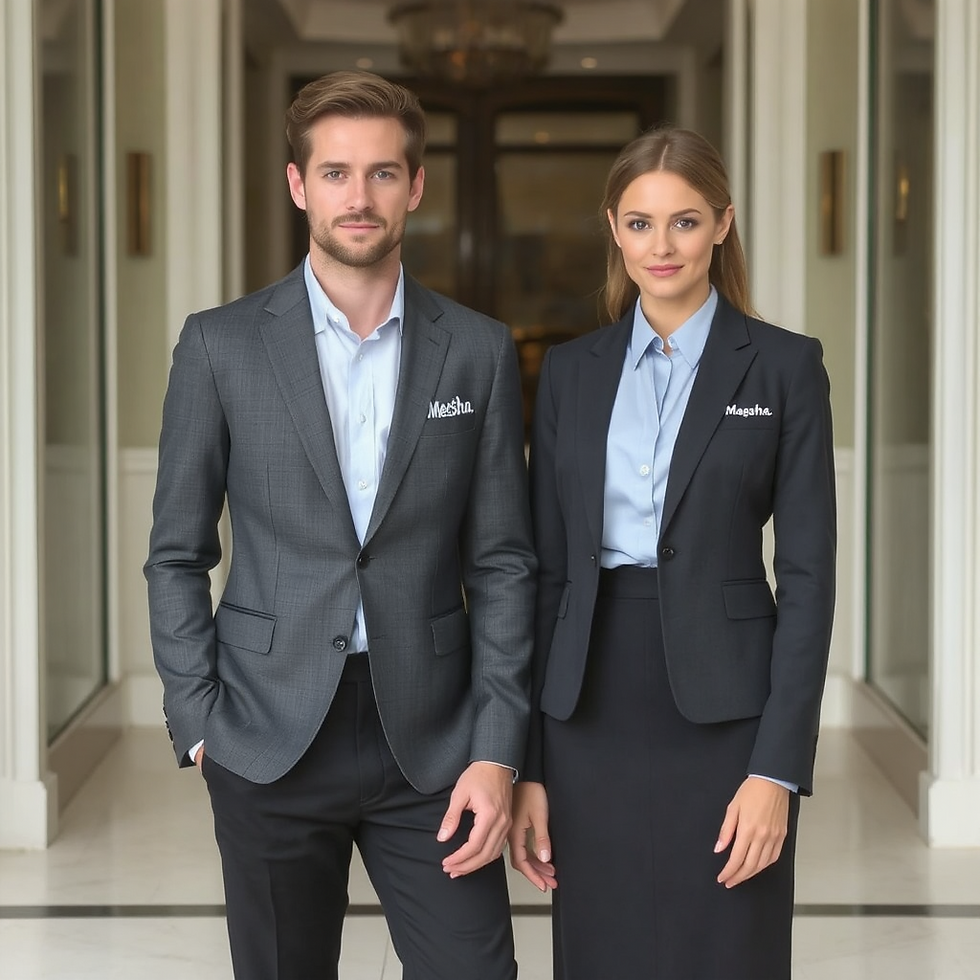 Thumbnail: Male and female staff in formal gray blazers and light blue shirts, standing in an elegant hallway.