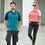 Thumbnail: Two people in black cargo pants with color-block polo shirts in teal/navy and pink/white outdoors.