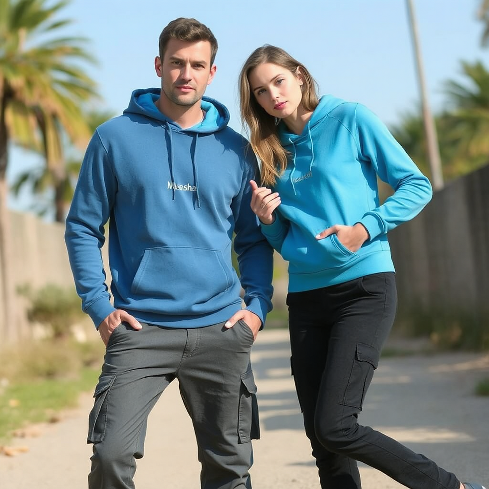 Thumbnail: Models in matching blue hoodies with logos, enjoying an outdoor, sunny setting.