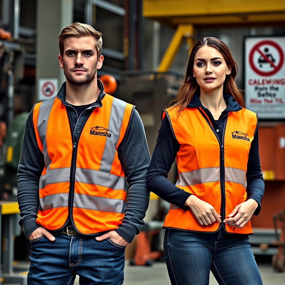 Thumbnail: Maeesha vests: both models in bright orange with reflective gray stripes for high visibility.
