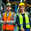Thumbnail: Maeesha vests: men's in orange with gray stripes and green hard hat, women's in yellow with gray stripes and yellow hard hat.