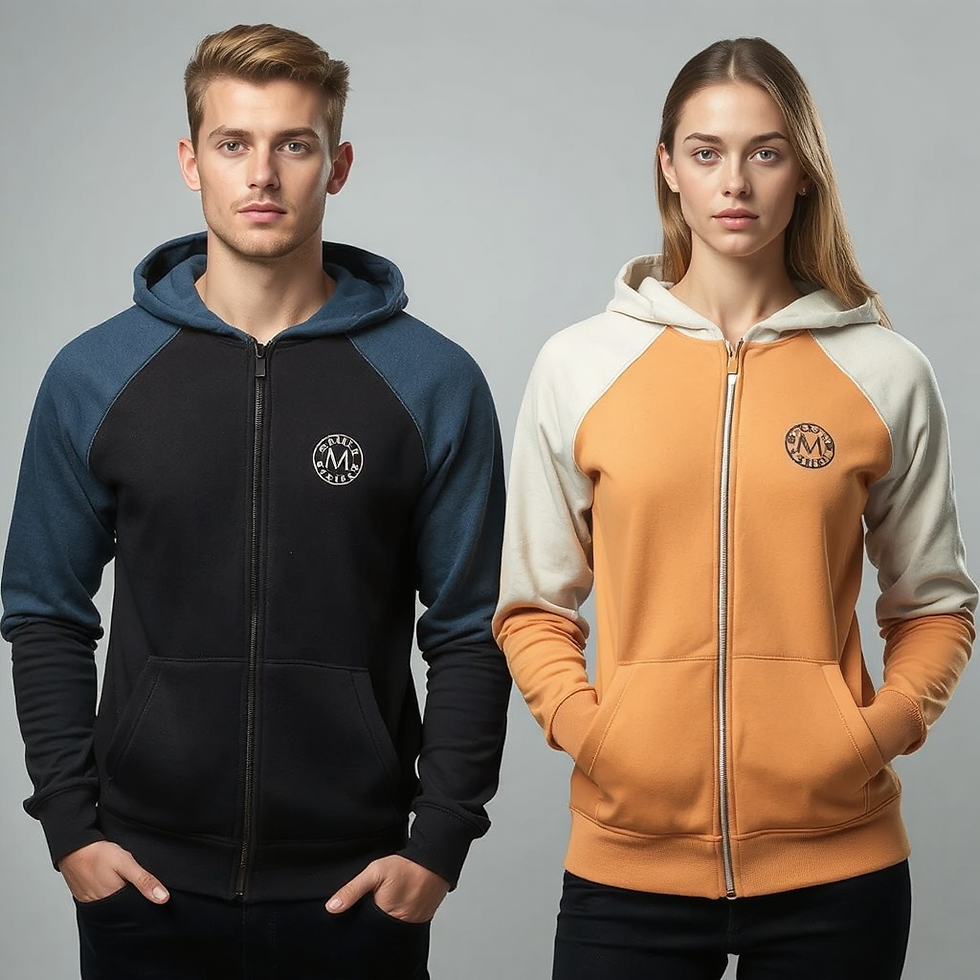 Thumbnail: Two models in Maesha zip-up hoodies: black with blue sleeves and orange with cream sleeves.