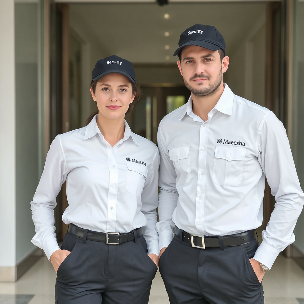 Thumbnail: Two security officers in branded white shirts, showcasing professional security uniforms.