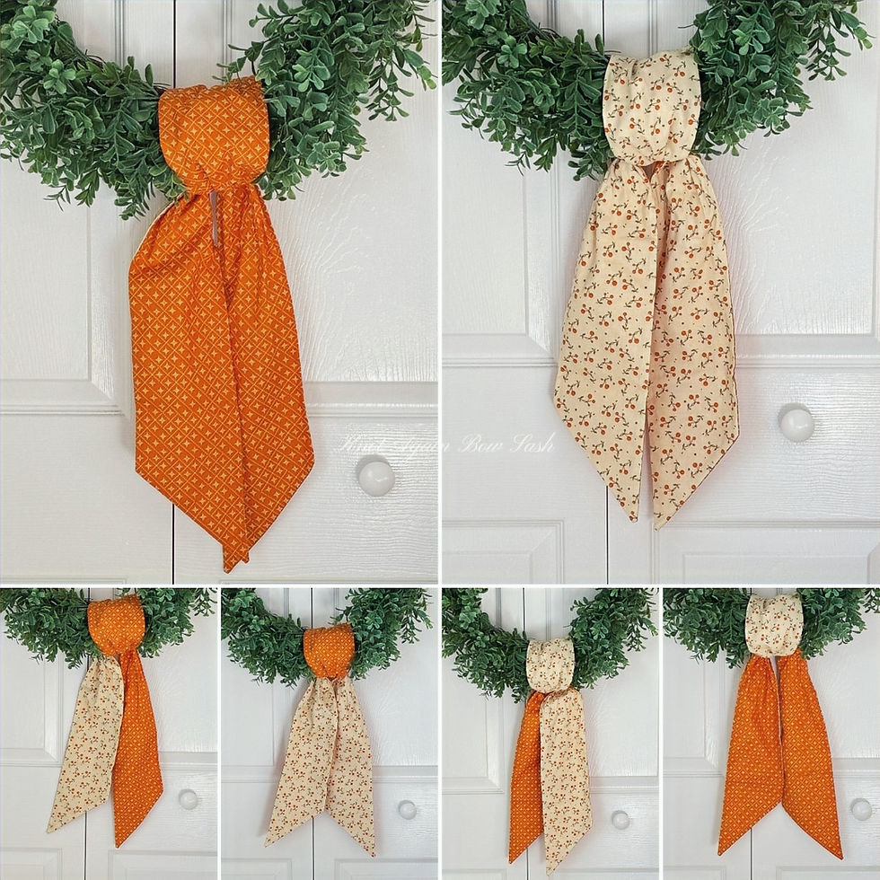 Thumbnail: Collage of Harvest Berry Knot Again Bow Sash tied in multiple sash styles with orange and ivory berry fabrics.