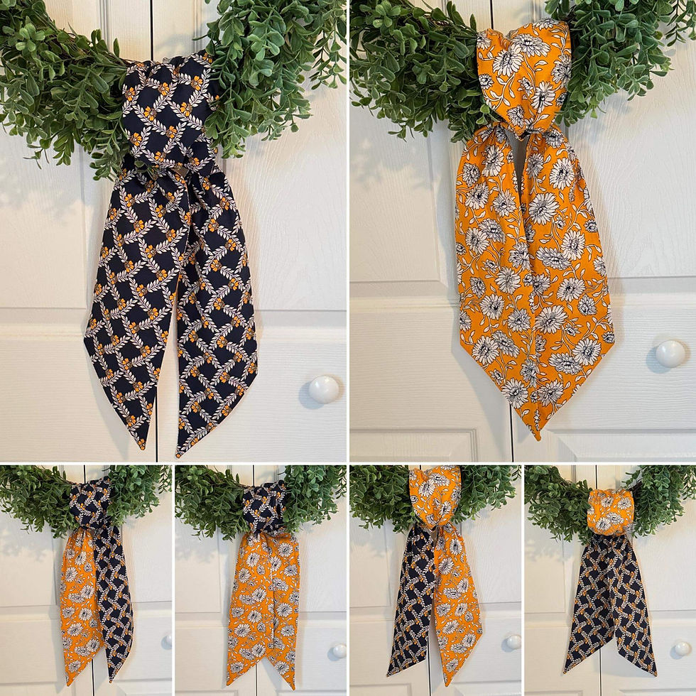 Thumbnail: Collage of Midnight Bloom Knot Again Bow Sash tied in multiple sash styles with navy floral and yellow fabrics.